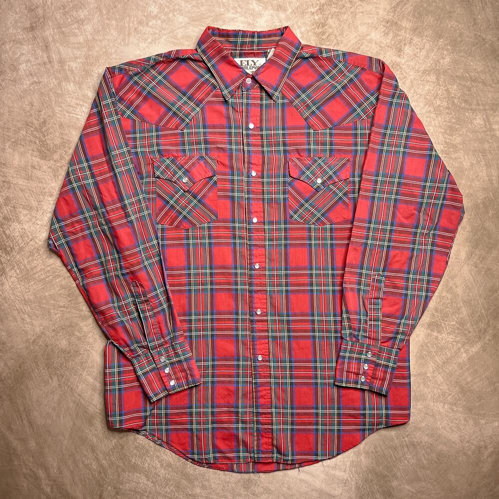 Vintage 90s Ely Cattleman Pearl Snap Plaid Shirt Multicolor Red Western Cowboy